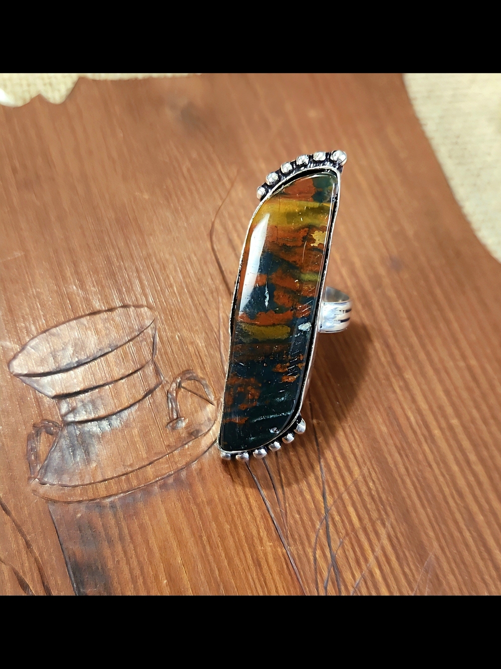 S/S Ring/Striking Yellow, RED And Black Natural Stone Called Moroccan Seam Agate